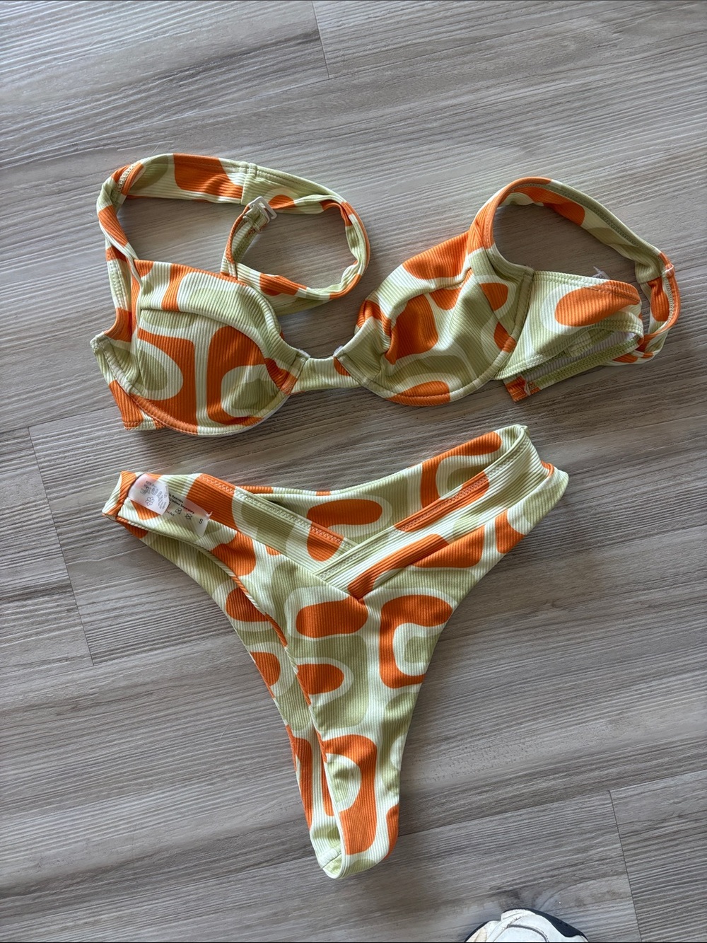 Aurelle Retro Orange & Lime Pattern Ribbed Bikini Set